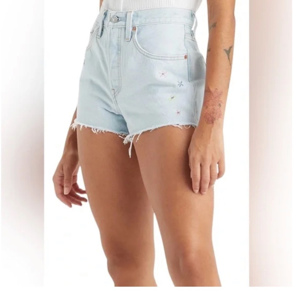 Levi's 501 Original Shorts in light wash denim with floral embroidery